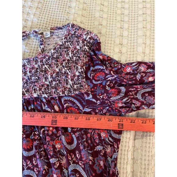 Lucky Brand Blouse Size XL Burgundy Smocked Top Bell Sleeves Boho Peasant - Picture 9 of 10